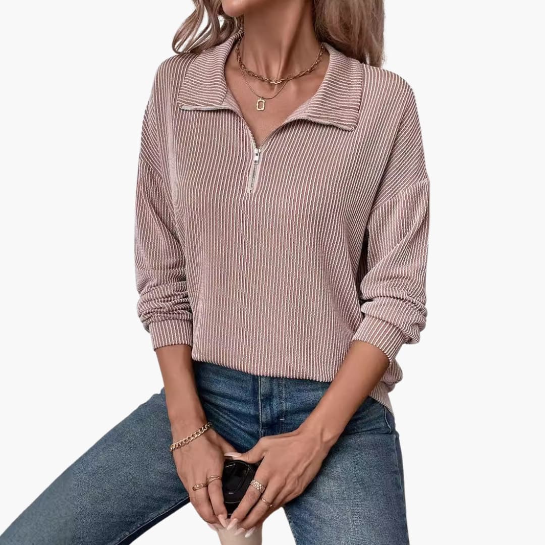 Women's Striped Rib Knit Sweater with Half Zipper