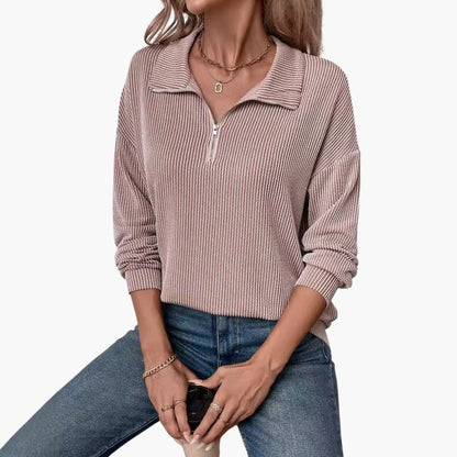 Women's Striped Rib Knit Sweater with Half Zipper