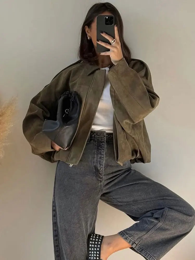 Women's Suede Bomber Jacket for Casual Wear