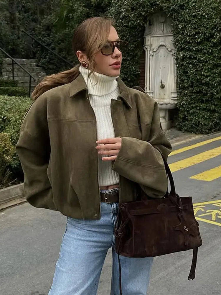 Women's Suede Bomber Jacket for Casual Wear