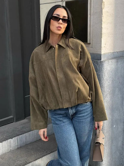 Women's Suede Bomber Jacket for Casual Wear