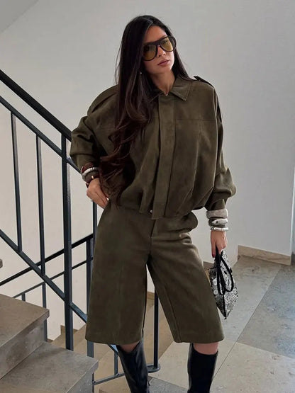 Women's Suede Bomber Jacket for Casual Wear