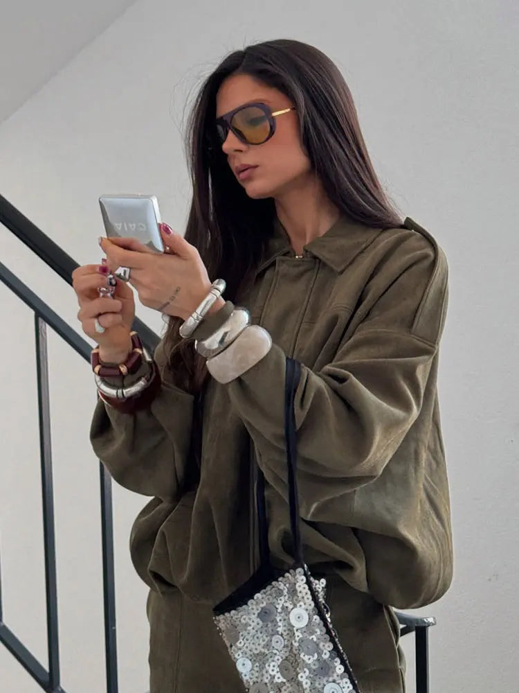 Women's Suede Bomber Jacket for Casual Wear