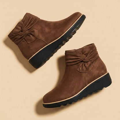 Women's Suede Mid Heel Boots with Bow Detail