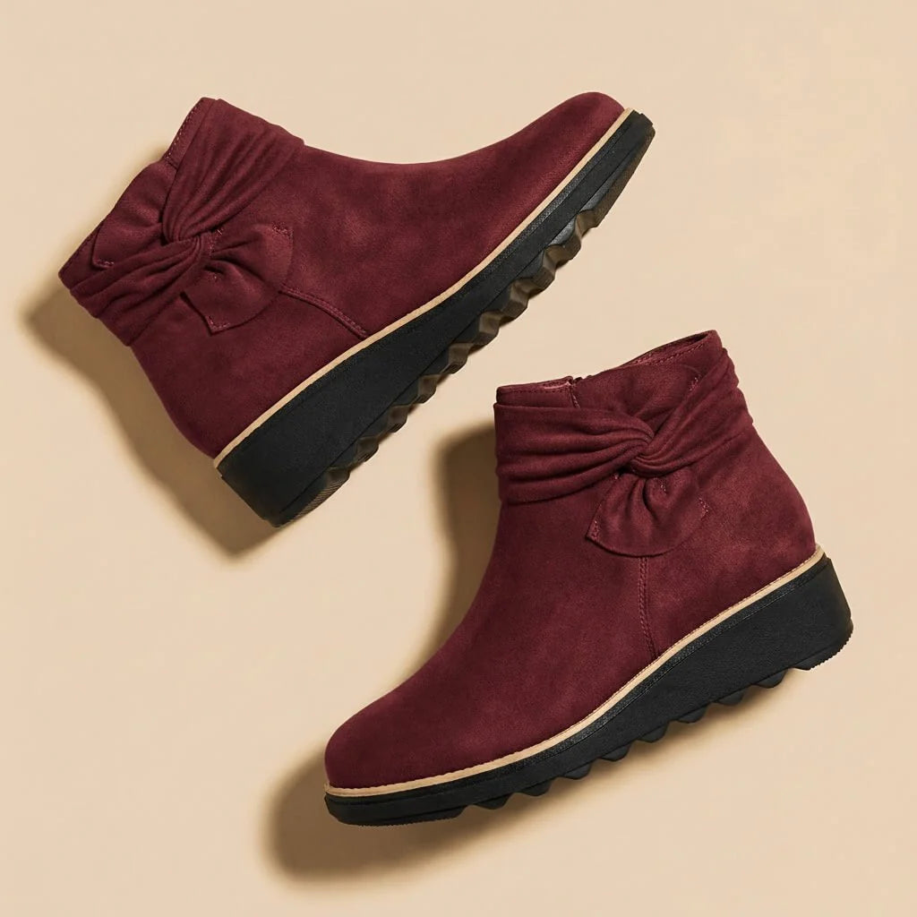 Women's Suede Mid Heel Boots with Bow Detail