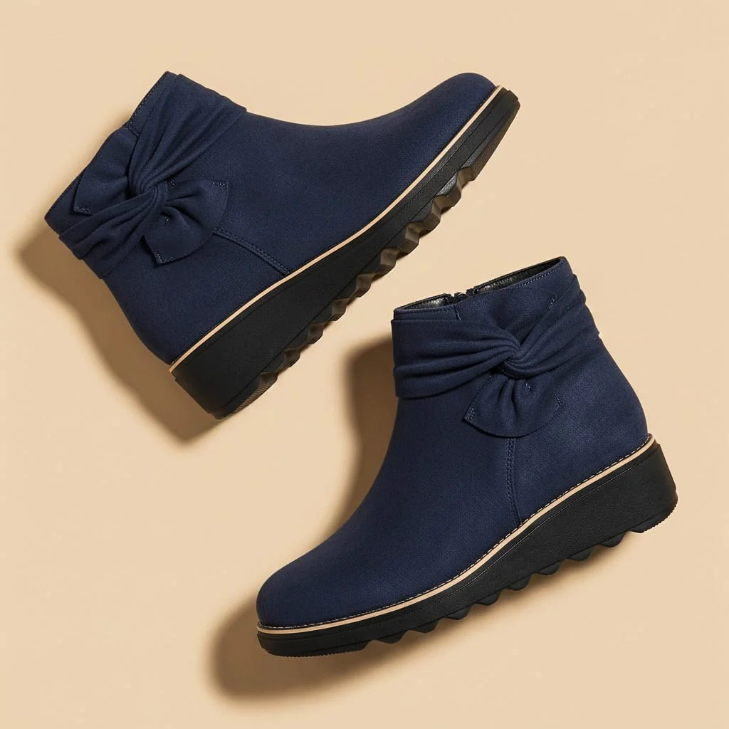 Women's Suede Mid Heel Boots with Bow Detail