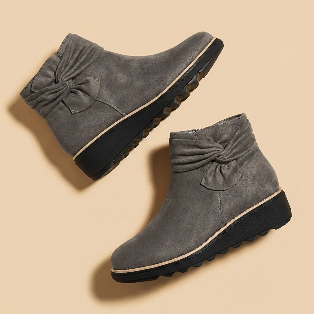 Women's Suede Mid Heel Boots with Bow Detail
