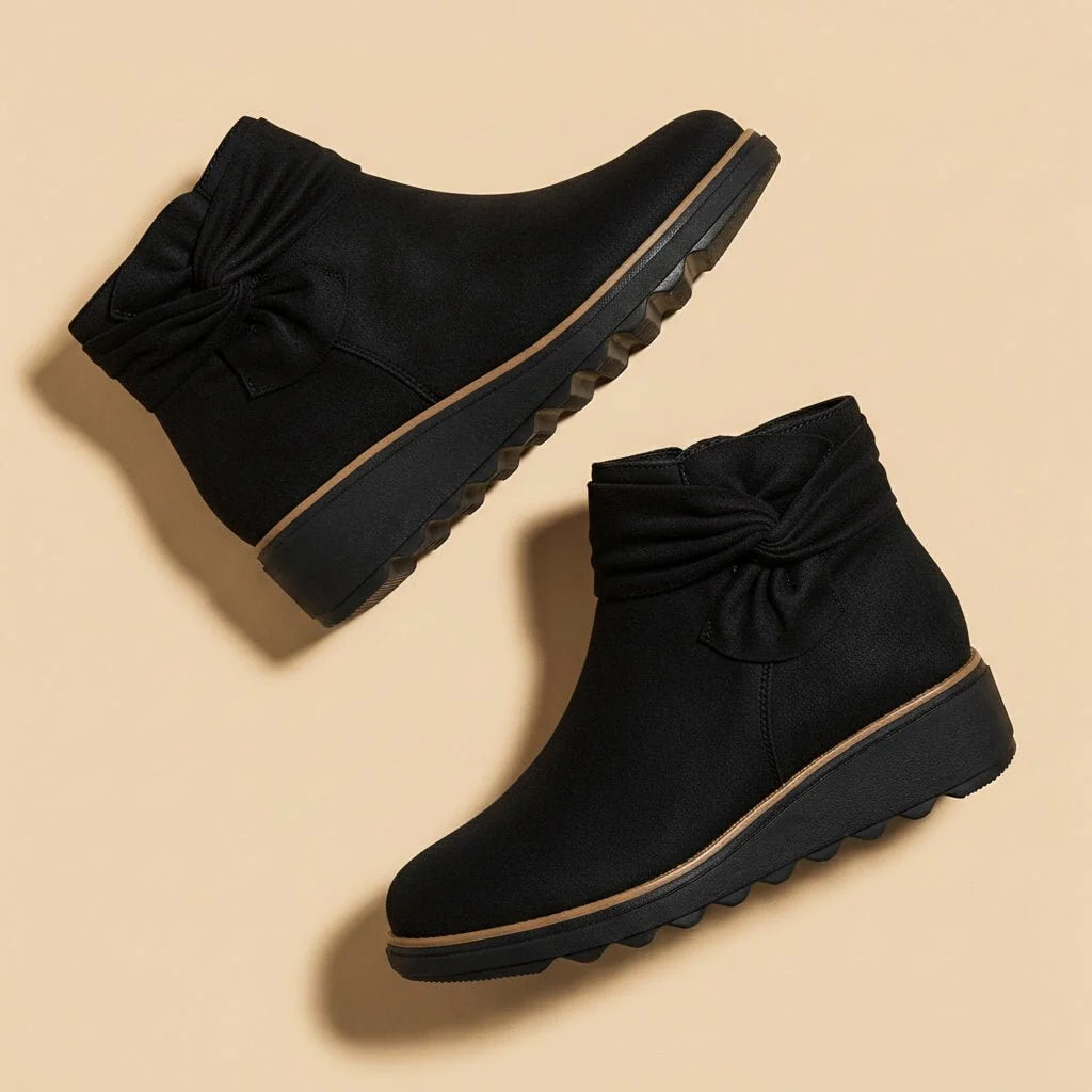 Women's Suede Mid Heel Boots with Bow Detail