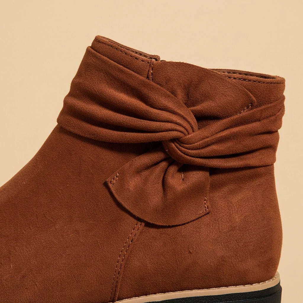 Women's Suede Mid Heel Boots with Bow Detail