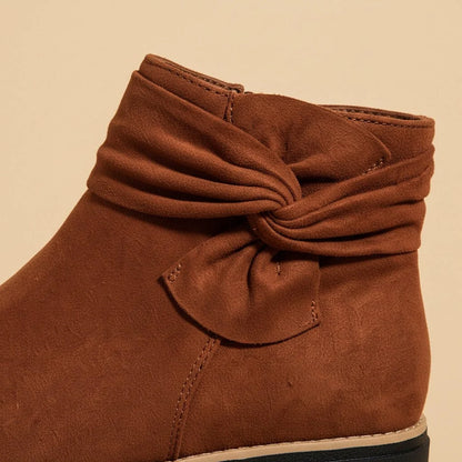 Women's Suede Mid Heel Boots with Bow Detail