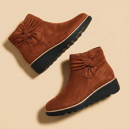 Women's Suede Mid Heel Boots with Bow Detail