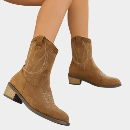 Women's Suede Western Ankle Boots with Embroidered Details
