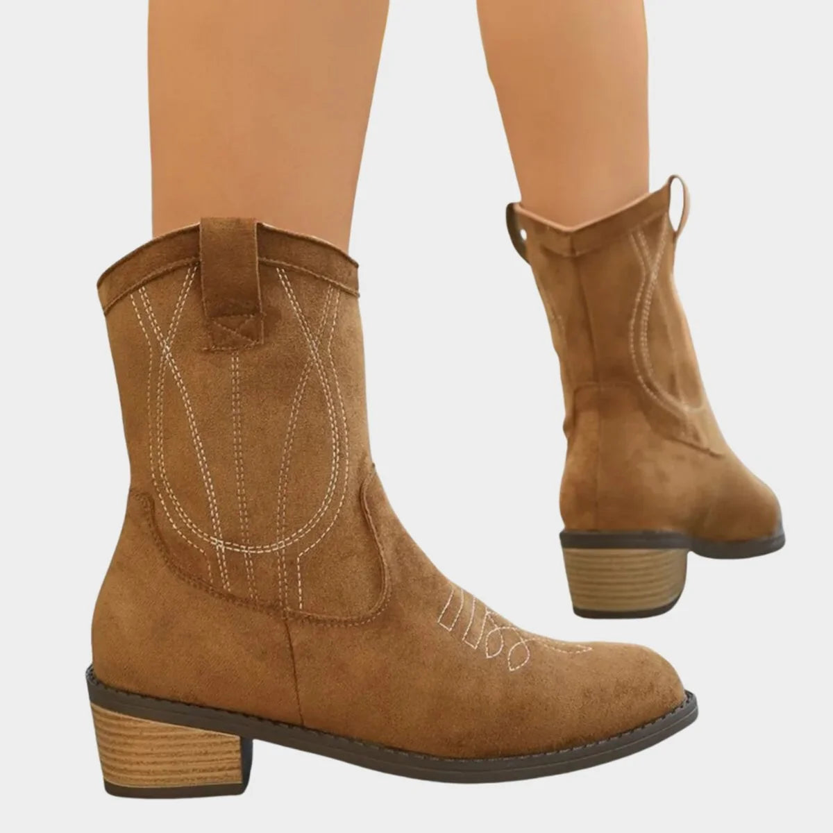 Women's Suede Western Ankle Boots with Embroidered Details