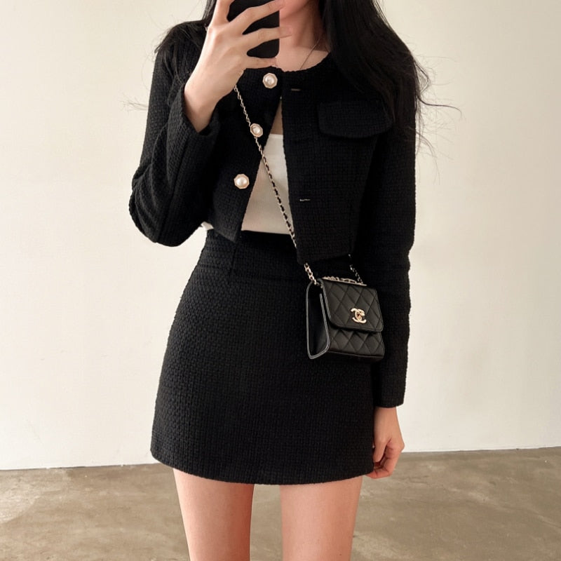 Women's Tweed Co-Ord Set Cropped Jacket Mini Skirt