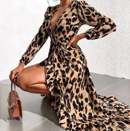 Women's V-Neck A-Line Midi Dress with Leopard Print