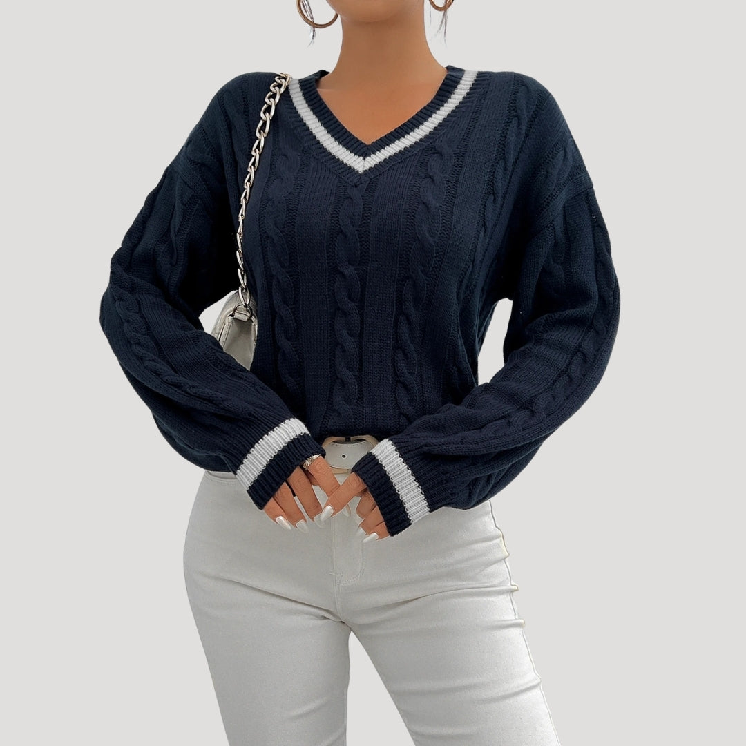 Women's V Neck Cable Knit Jumper with Contrast Trim
