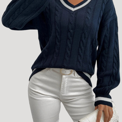 Women's V Neck Cable Knit Jumper with Contrast Trim