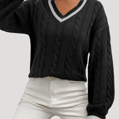 Women's V Neck Cable Knit Jumper with Contrast Trim