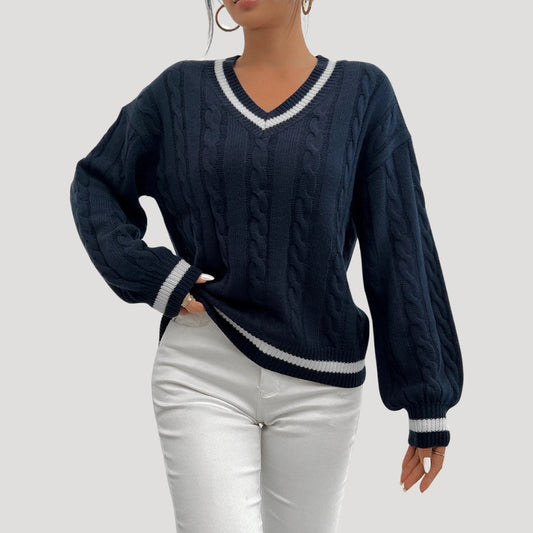 Women's V Neck Cable Knit Jumper with Contrast Trim