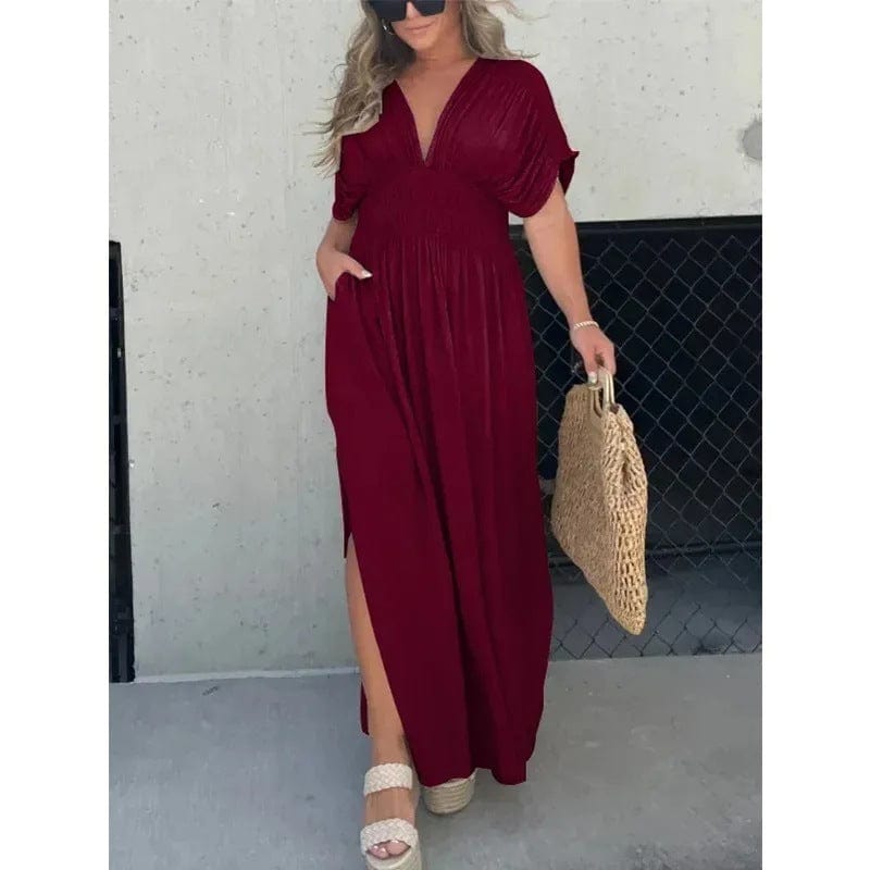 Women's V-Neck Maxi Dress with Side Slit for Summer