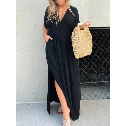 Women's V-Neck Maxi Dress with Side Slit for Summer