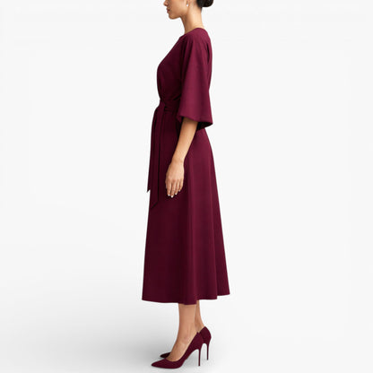 Women’s V-Neck Midi Dress with Belted Waist