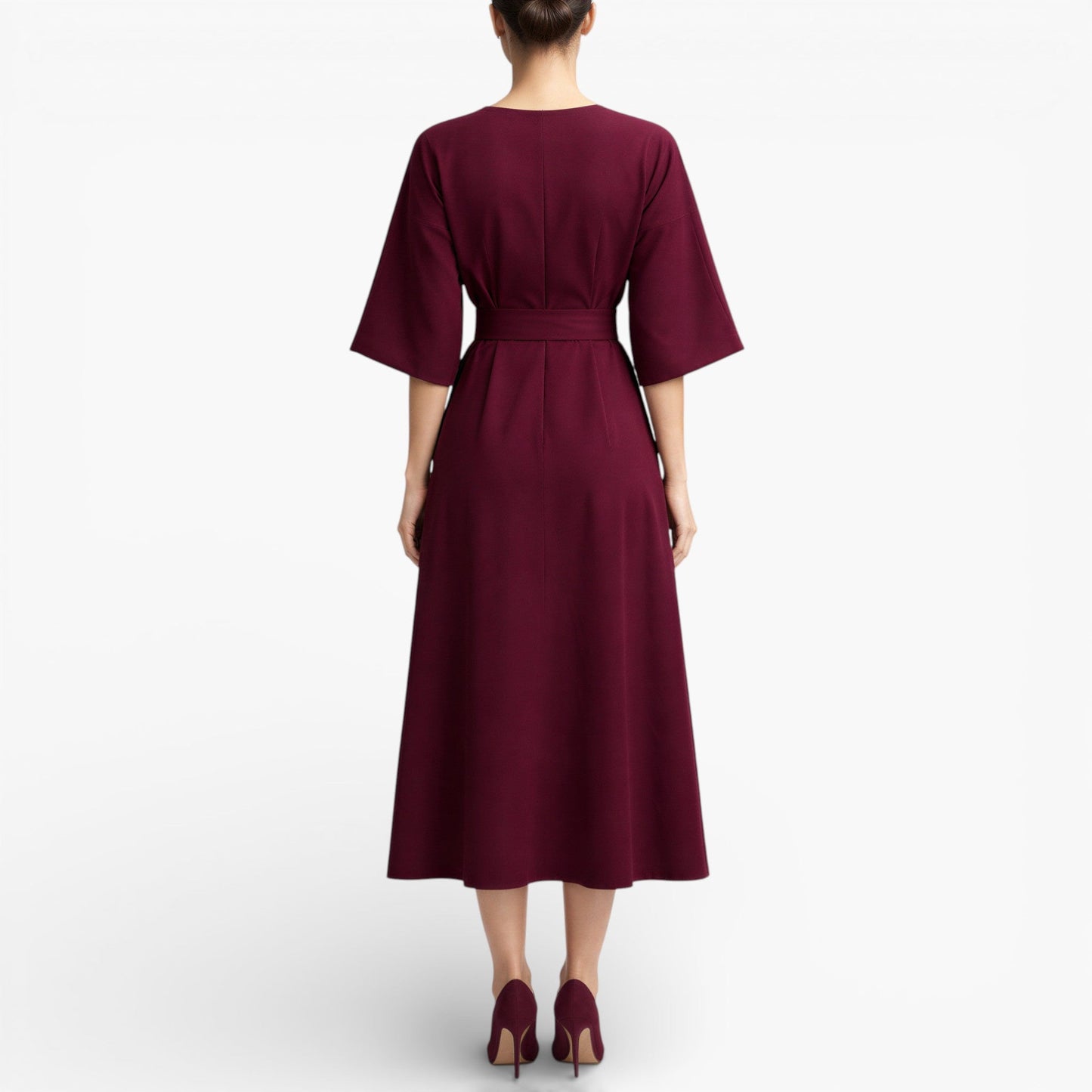 Women’s V-Neck Midi Dress with Belted Waist