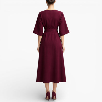 Women’s V-Neck Midi Dress with Belted Waist