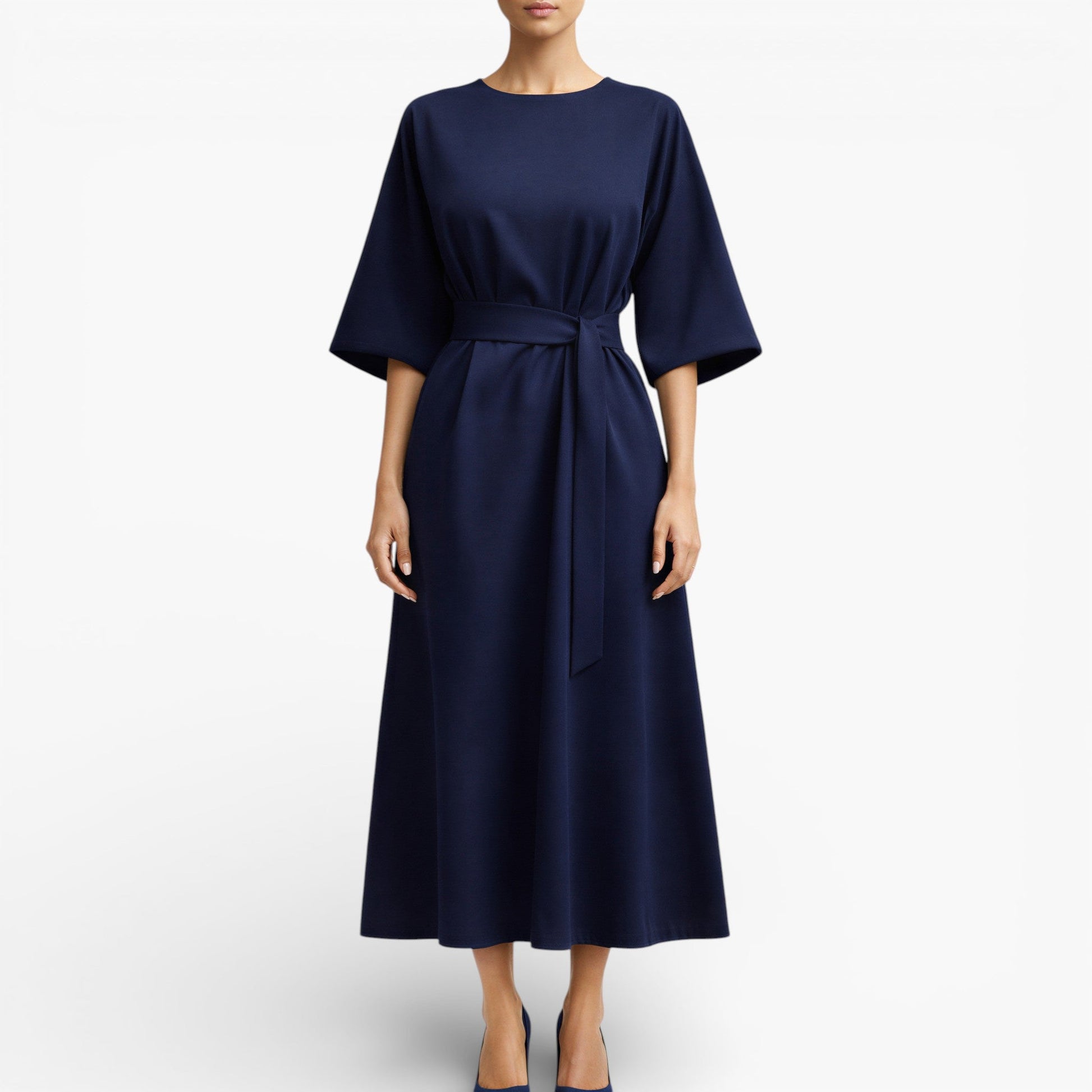 Women’s V-Neck Midi Dress with Belted Waist