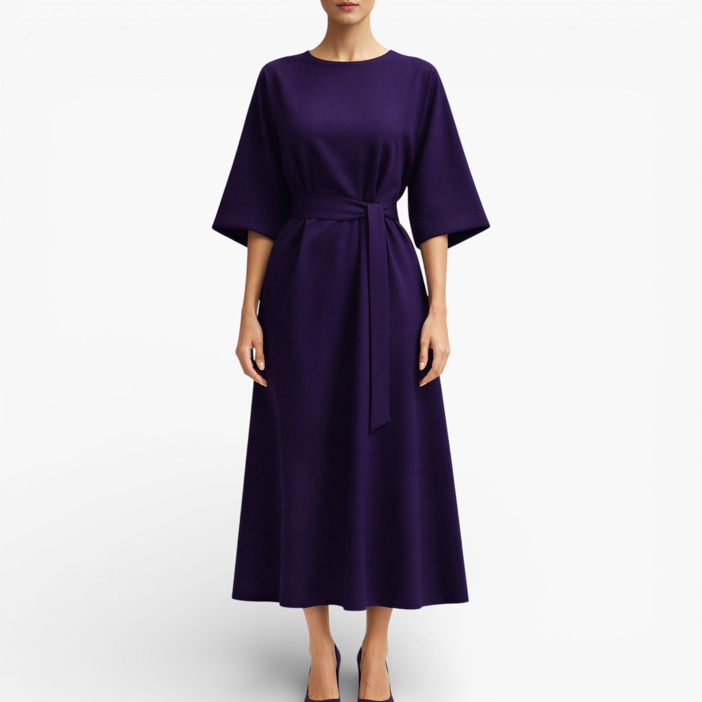 Women’s V-Neck Midi Dress with Belted Waist