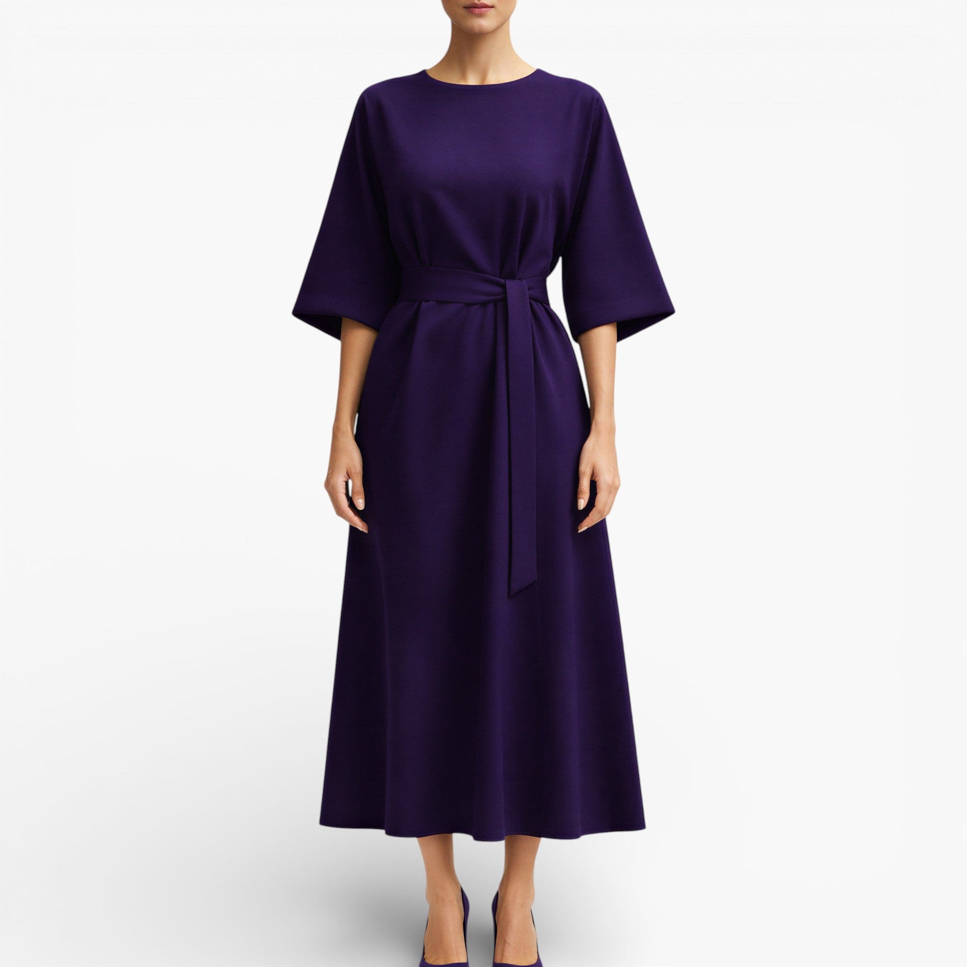 Women’s V-Neck Midi Dress with Belted Waist