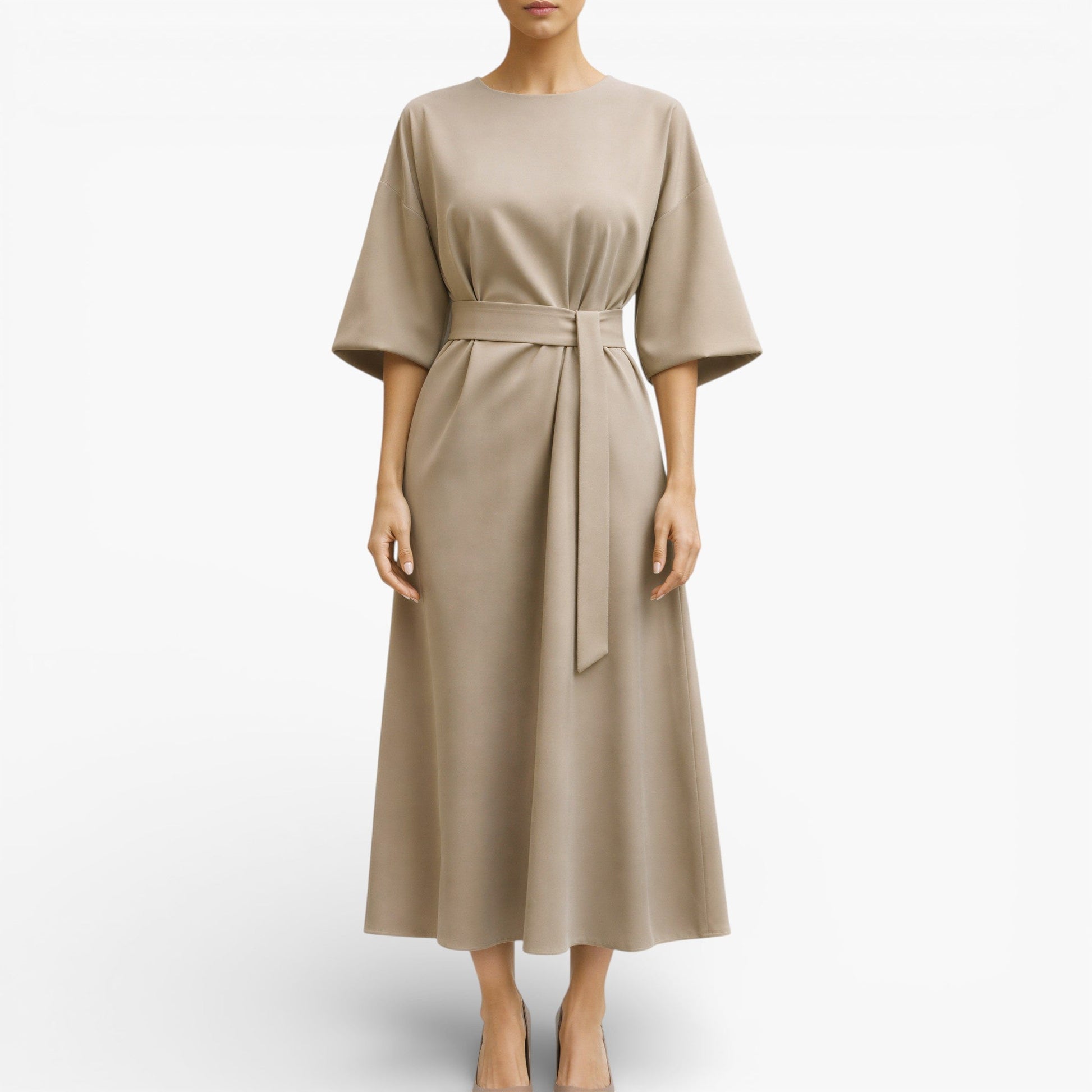 Women’s V-Neck Midi Dress with Belted Waist