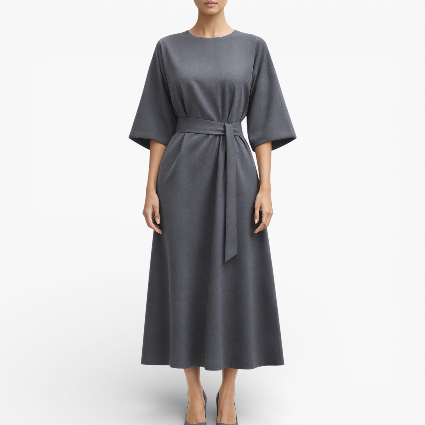 Women’s V-Neck Midi Dress with Belted Waist