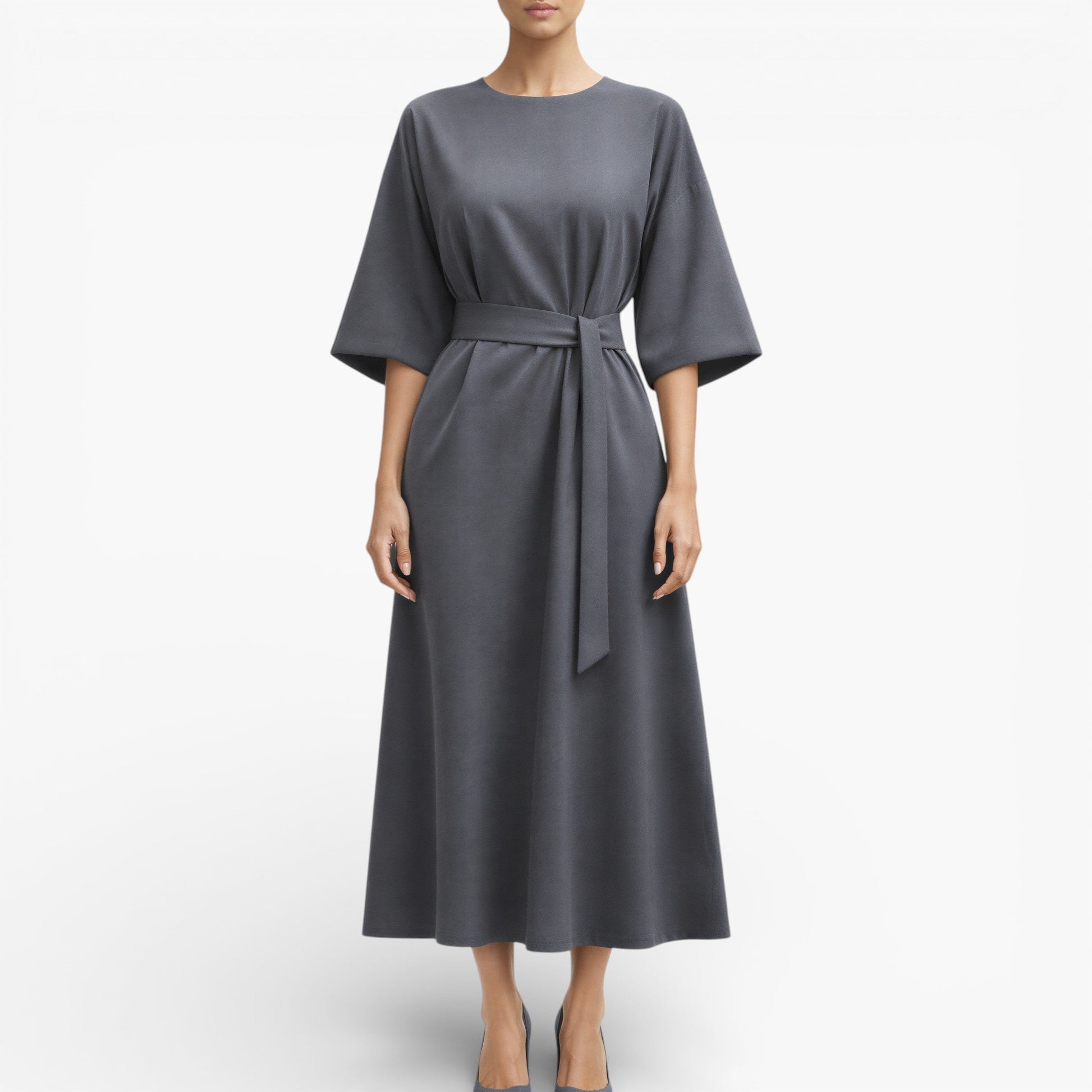 Women’s V-Neck Midi Dress with Belted Waist