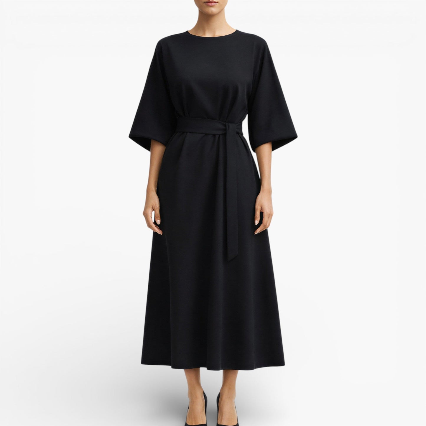 Women’s V-Neck Midi Dress with Belted Waist