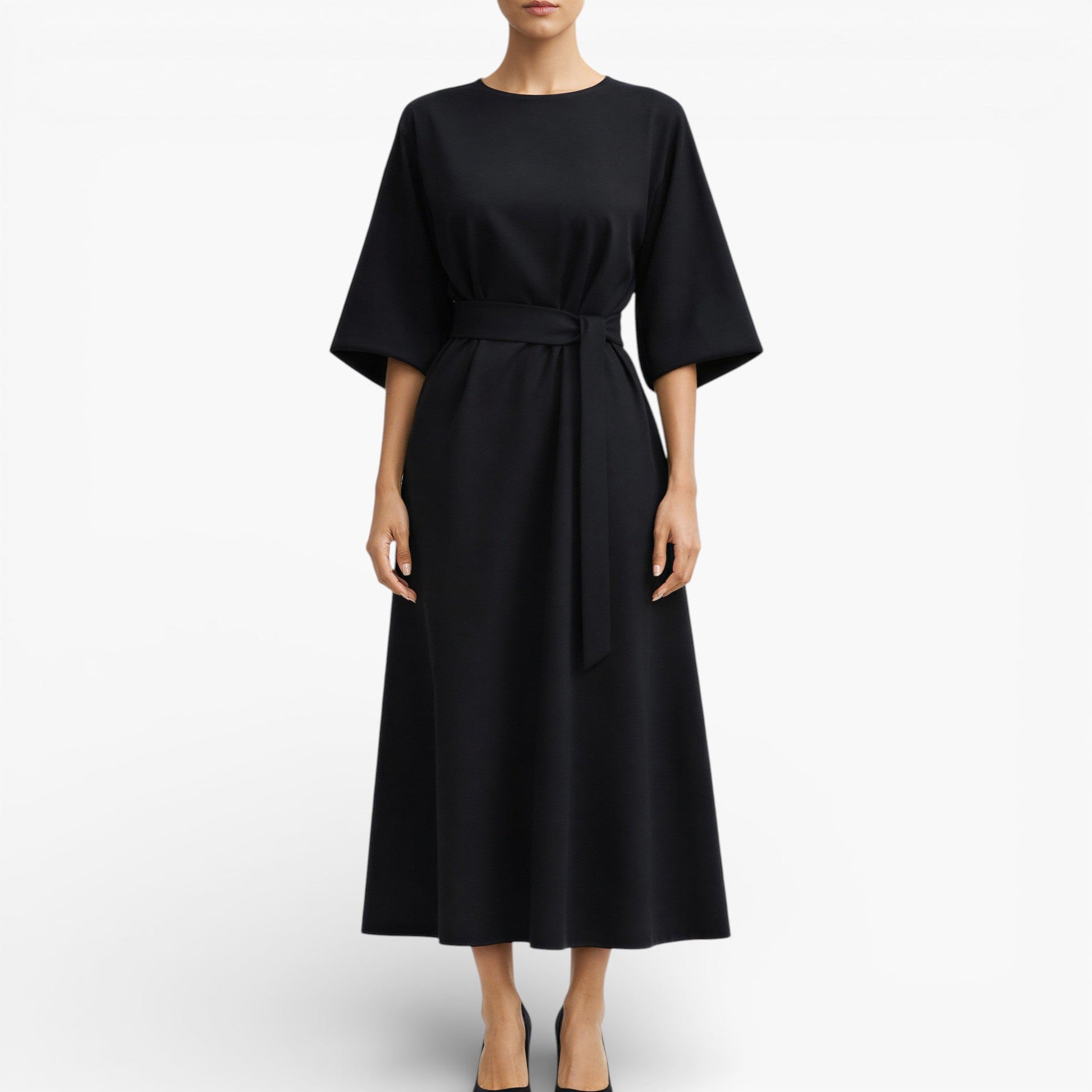 Women’s V-Neck Midi Dress with Belted Waist
