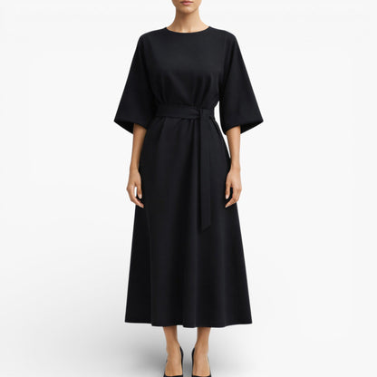 Women’s V-Neck Midi Dress with Belted Waist