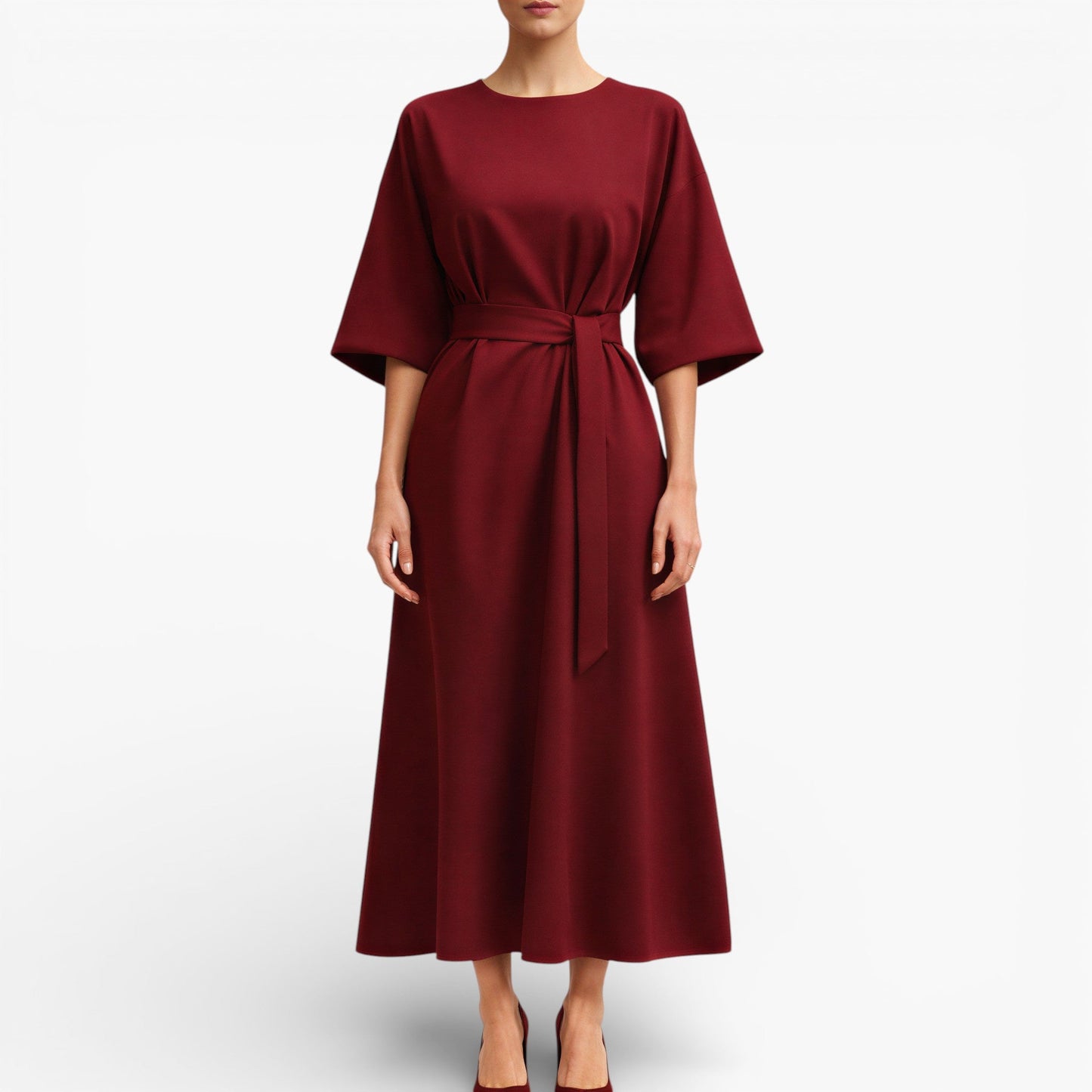 Women’s V-Neck Midi Dress with Belted Waist