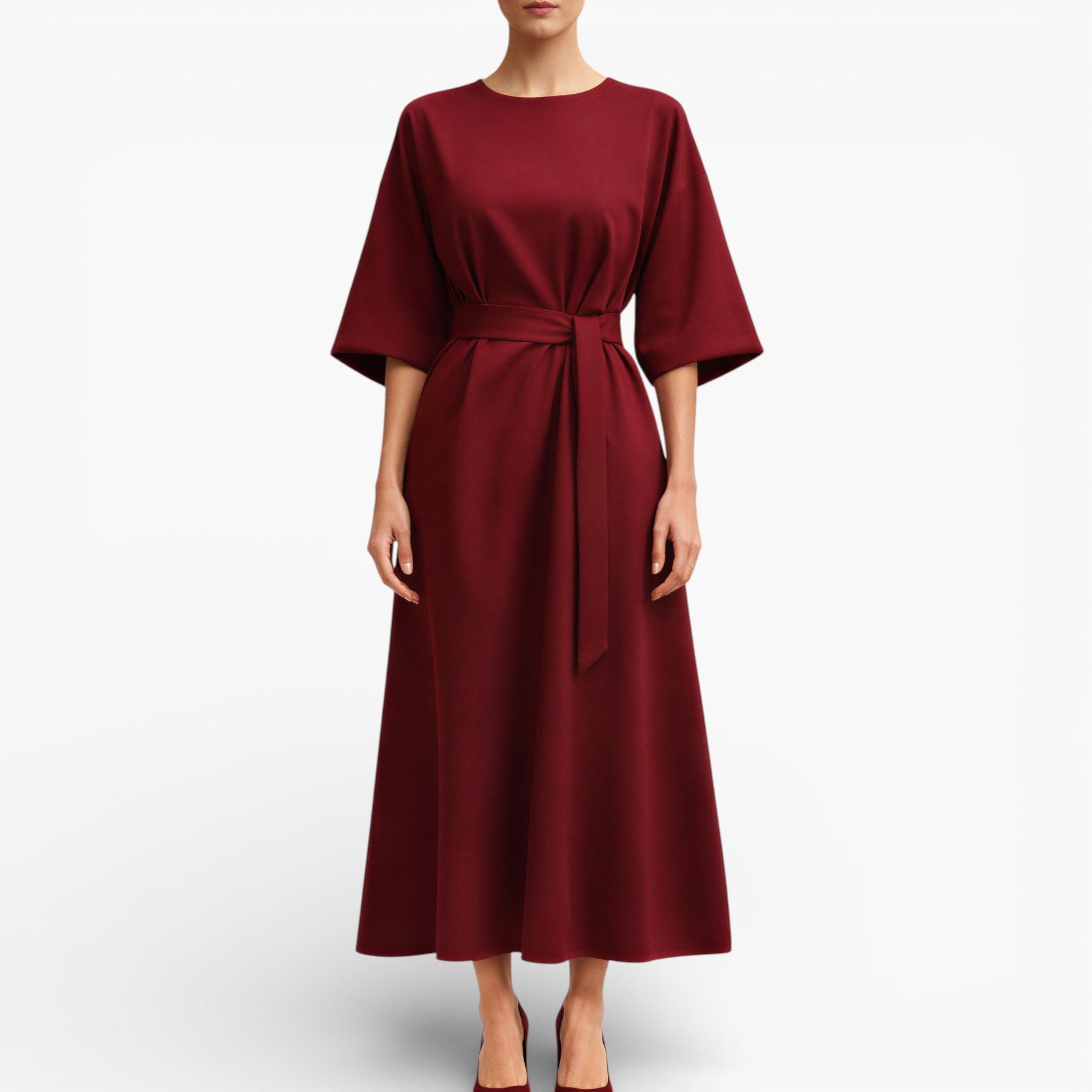 Women’s V-Neck Midi Dress with Belted Waist