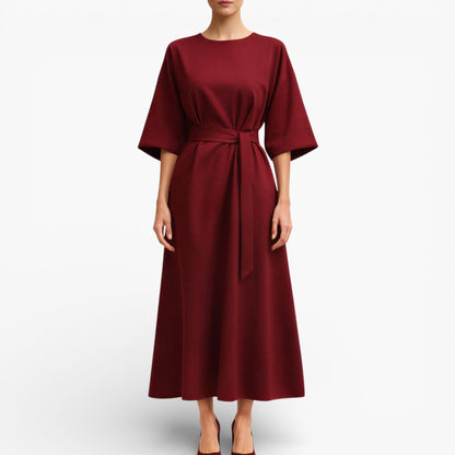 Women’s V-Neck Midi Dress with Belted Waist