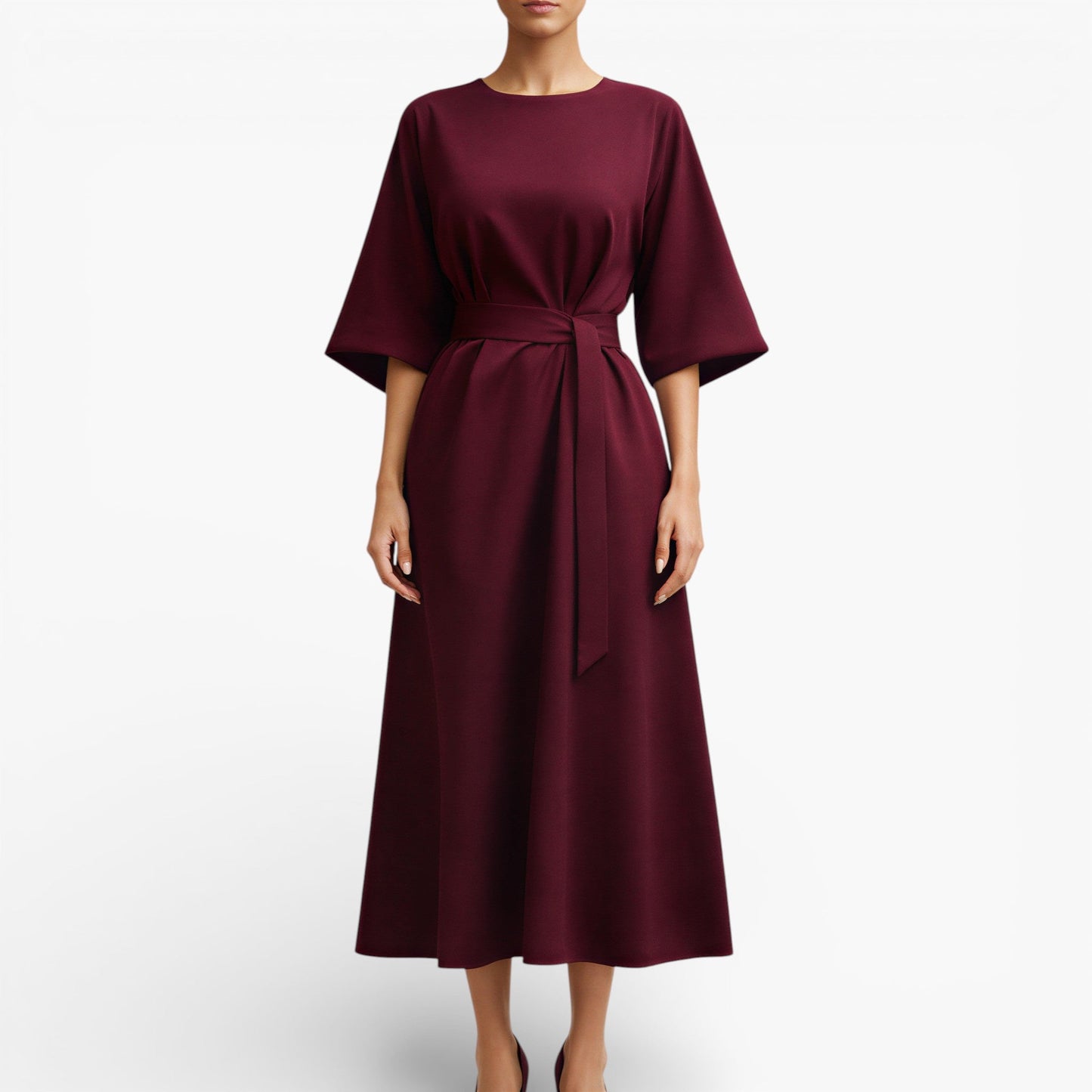 Women’s V-Neck Midi Dress with Belted Waist