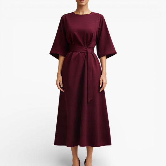 Women’s V-Neck Midi Dress with Belted Waist