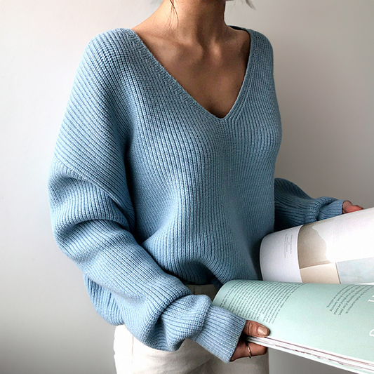 Women's V-Neck Sweater with Balloon Sleeves