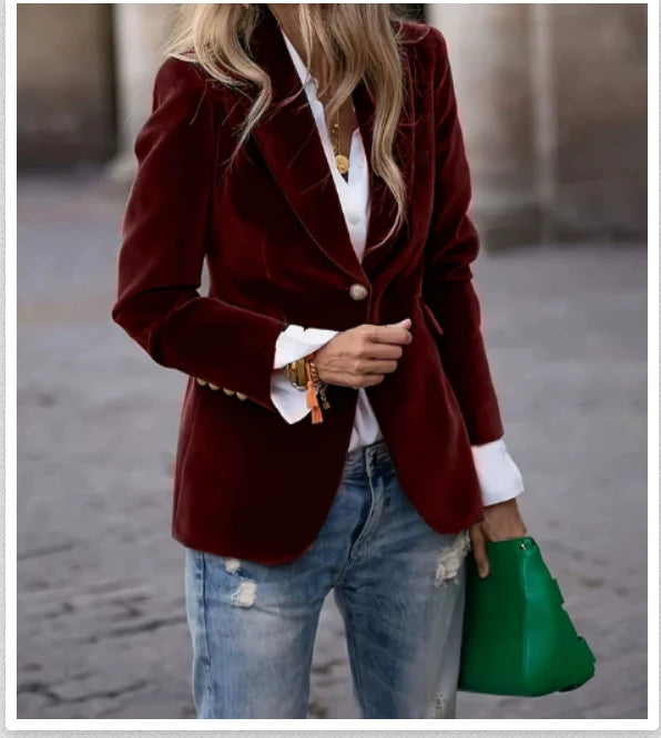Women's Velvet Tailored Blazer with Gold-Tone Buttons