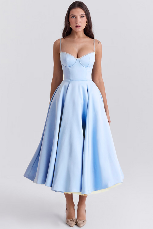Women's Vintage Midi Dress with Corset Bodice