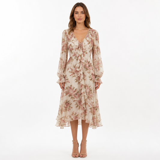 Women's Vintage Print Chiffon Midi Dress