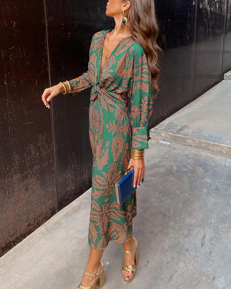 Women's Vintage Print V-Neck Midi Summer Dress