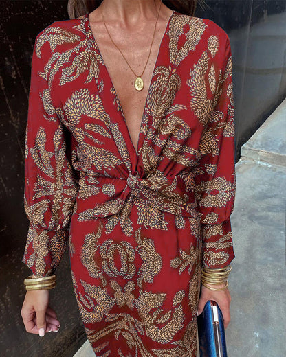 Women's Vintage Print V-Neck Midi Summer Dress