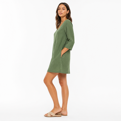 Women's Vintage V-Neck Linen Blend Mini Dress