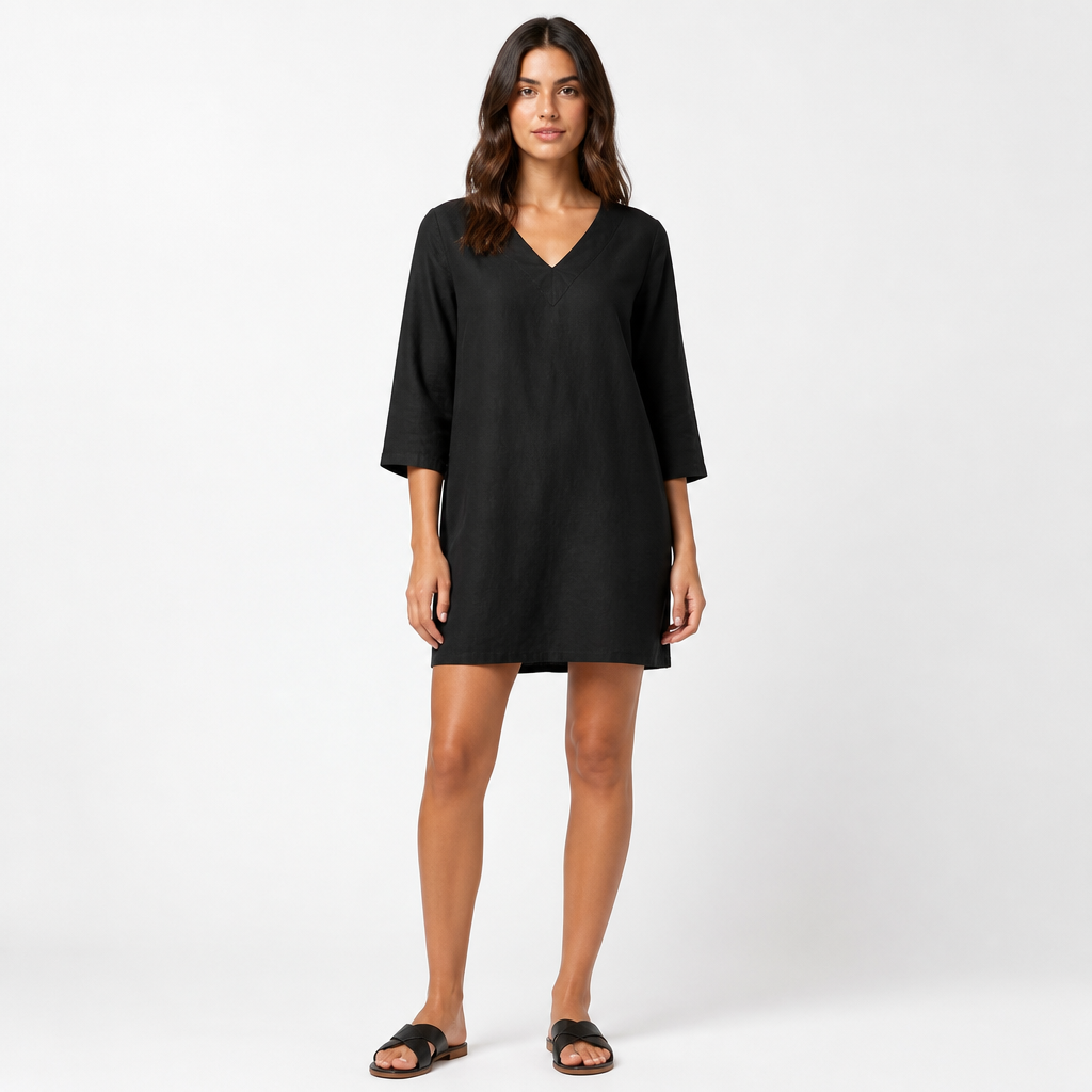 Women's Vintage V-Neck Linen Blend Mini Dress